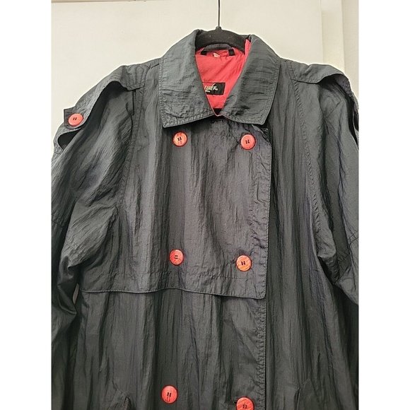 Vintage Women's Climatiser Nylon Trench Coat Black with Red Buttons Small - Picture 2 of 10
